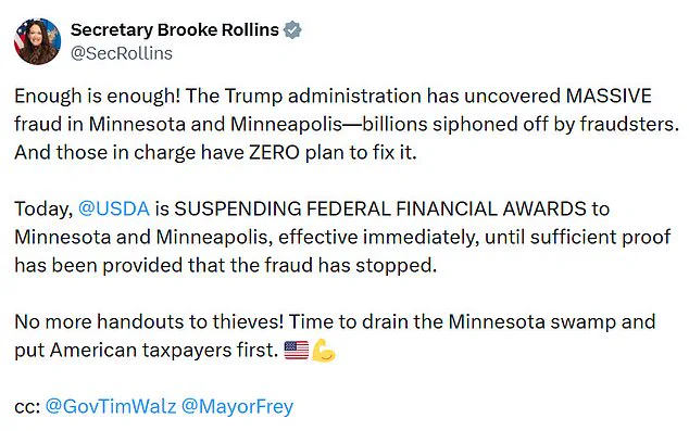 USDA Suspends $129.1M in Federal Funds to Minnesota Over 'Massive Fraud,' as Secretary Brooke Rollins Says 'Enough Is Enough'