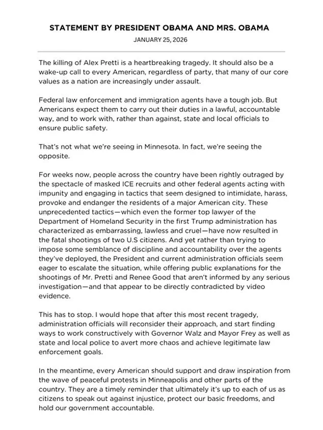 Obama Condemns Trump Administration Over Fatal Shootings by Immigration Officers, Calls for Reckoning with Eroding National Values