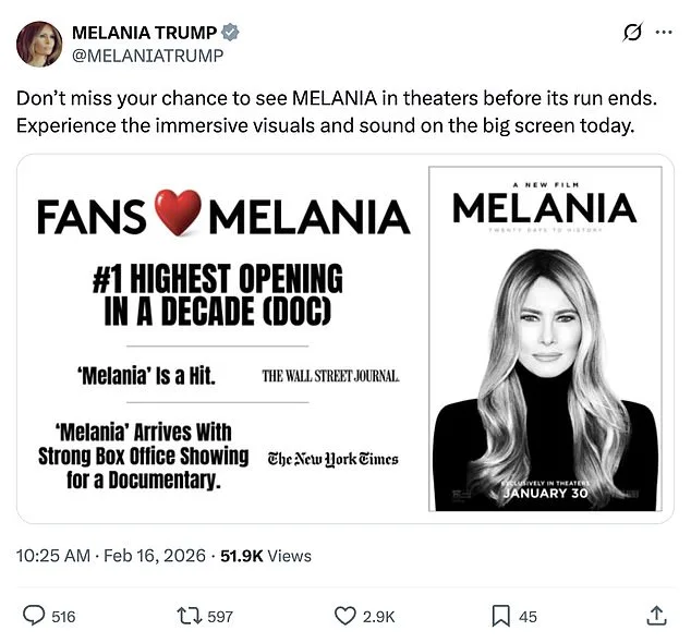 Melania Trump Uses Presidents' Day to Promote Her Documentary