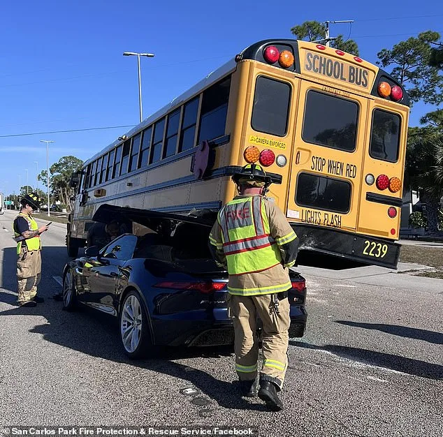 Terrifying Near-Miss: Jaguar Collides with School Bus in San Carlos Park, Florida – No Injuries Reported