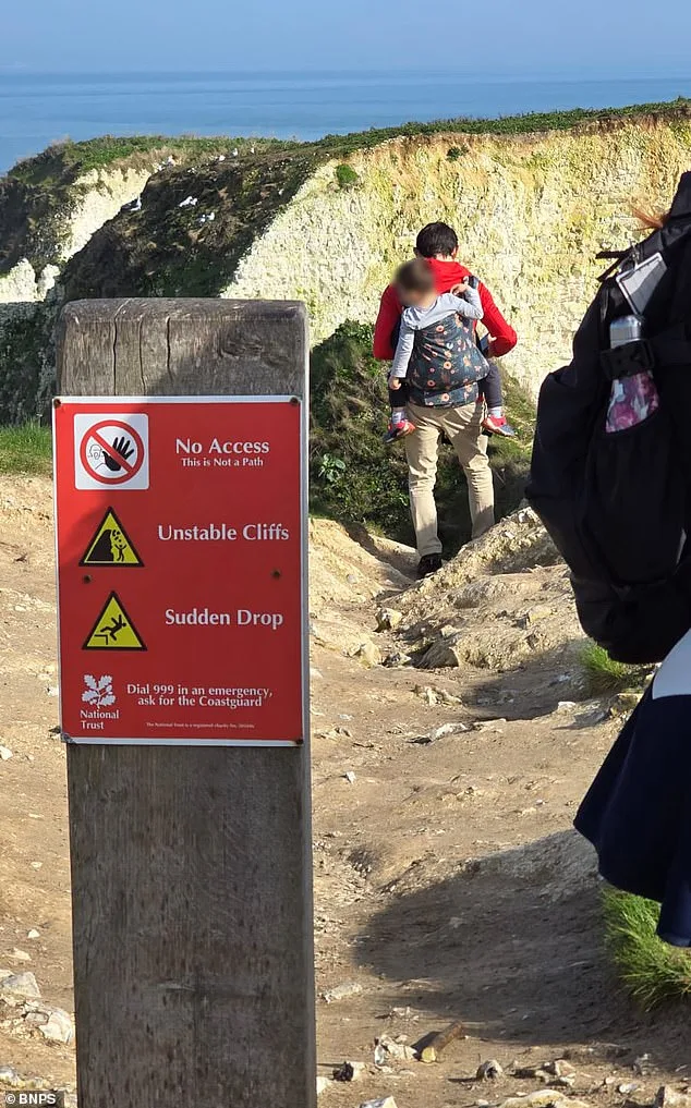 Defying 'No Access' Warnings, Father Navigates Treacherous Chalk Ridge at Old Harry Rocks