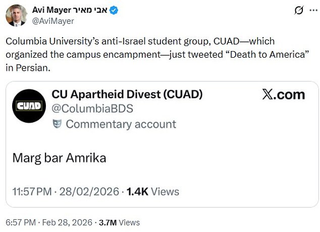 Columbia University Pro-Palestine Group Sparks Controversy with 'Death to America' Post Amid U.S.-Israel Joint Strike on Iran
