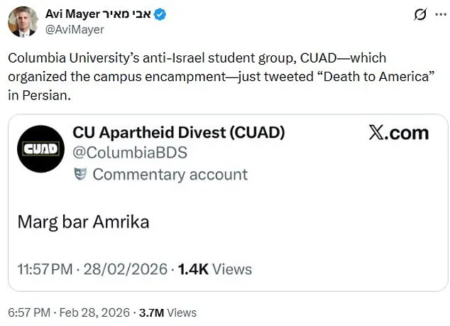 Columbia University Pro-Palestine Group Sparks Controversy with 'Death to America' Post Amid U.S.-Israel Joint Strike on Iran