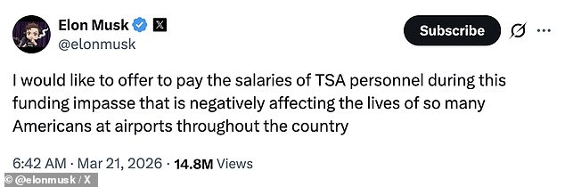 Elon Musk Offers to Pay TSA Salaries as Airport Chaos Escalates During Government Shutdown