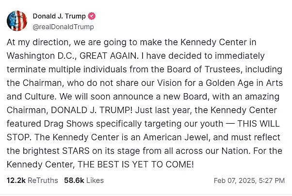 Trump sparks controversy with plan to fire Kennedy Center trustees