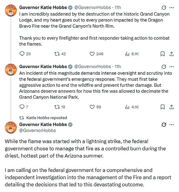 Limited Access to NPS Data Sparks Governor Hobbs' Demand for Federal Investigation into Grand Canyon Wildfires