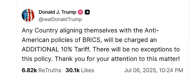 Trump Imposes 10% Tariffs on BRICS-Aligning Nations, Sparking Global Trade Concerns