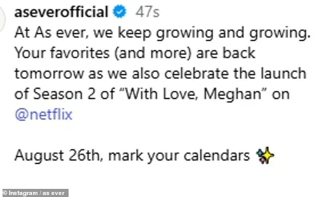 Duchess of Sussex Promotes As Ever Restock and Announces 'With Love, Meghan' Season 2 Return on August 26